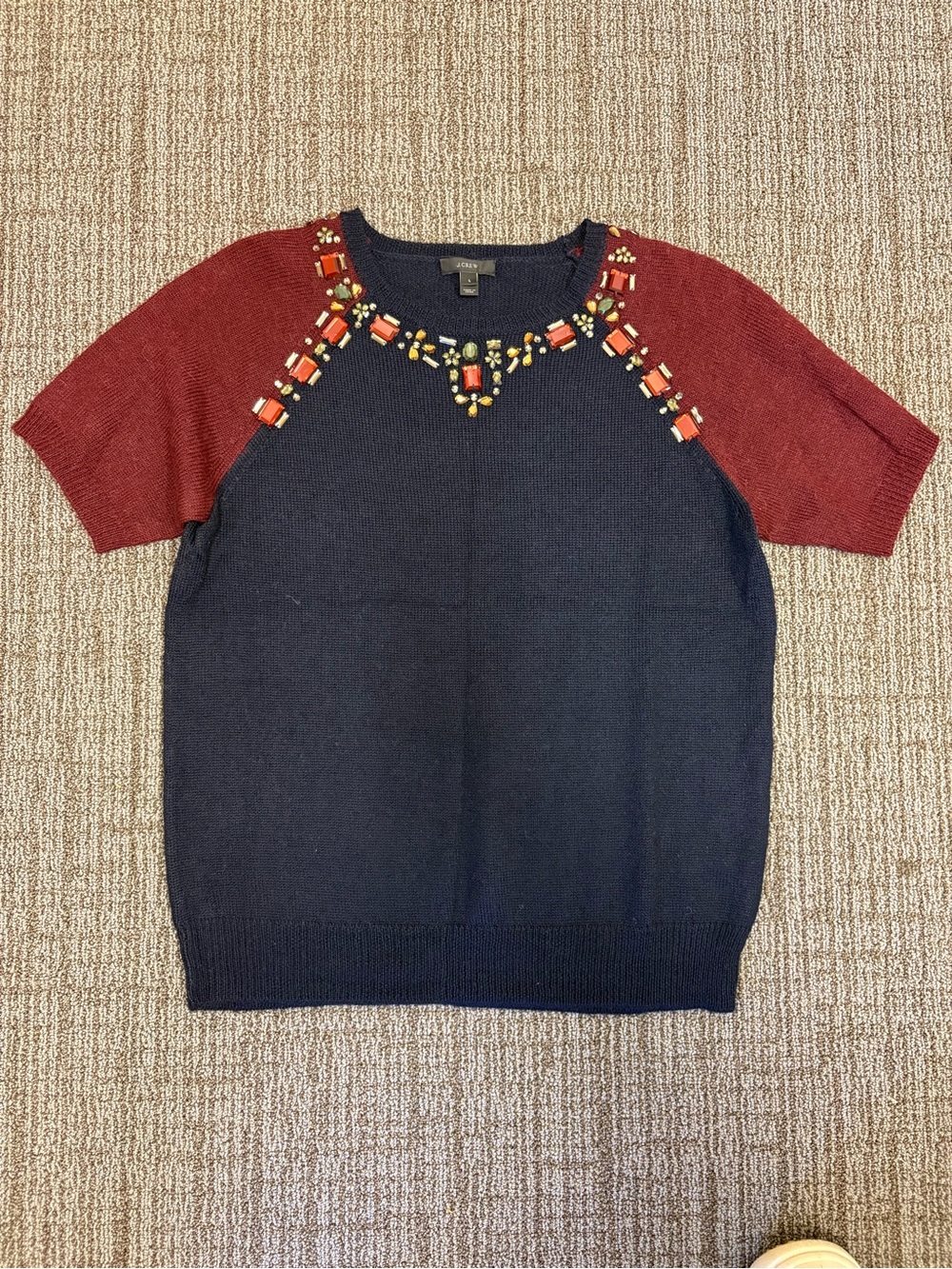 J. Crew Navy Sweater with Multi-Colored Jewel Embellishment